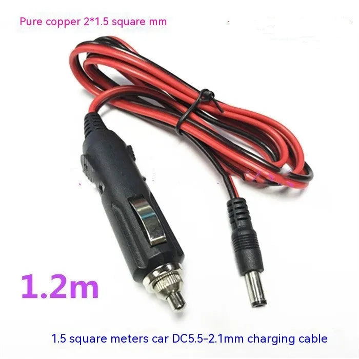 Black 12V car cigarette lighter to DC power cable with fuse and indicator light.