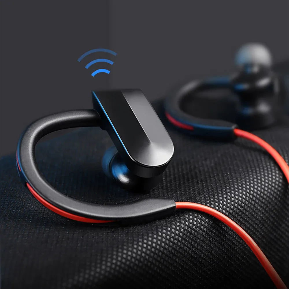 Black wireless neckband Bluetooth earphones with in-ear buds and a USB charging cable.