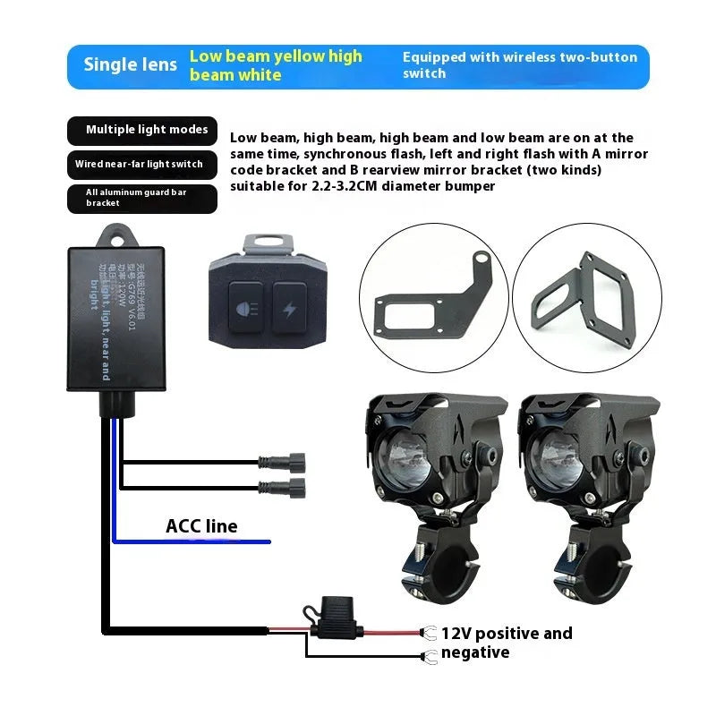 Motorcycle LED spotlight pair with wiring and mounting brackets for vehicle modification