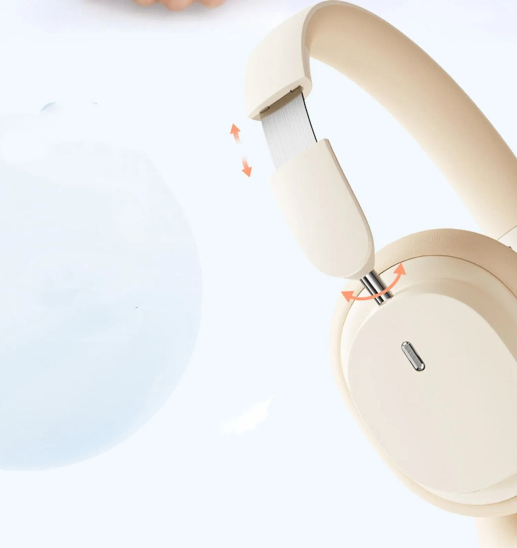 Head-mounted Bluetooth earphone in beige or grey with Type-C charging cable
