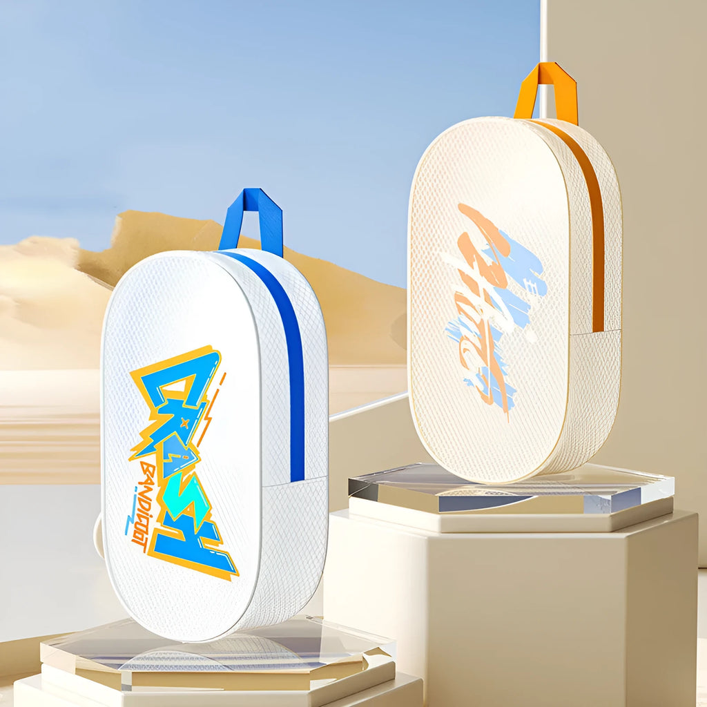 Waterproof EVA swimming storage bag in orange colour showing 3-litre and 7-litre size options.
