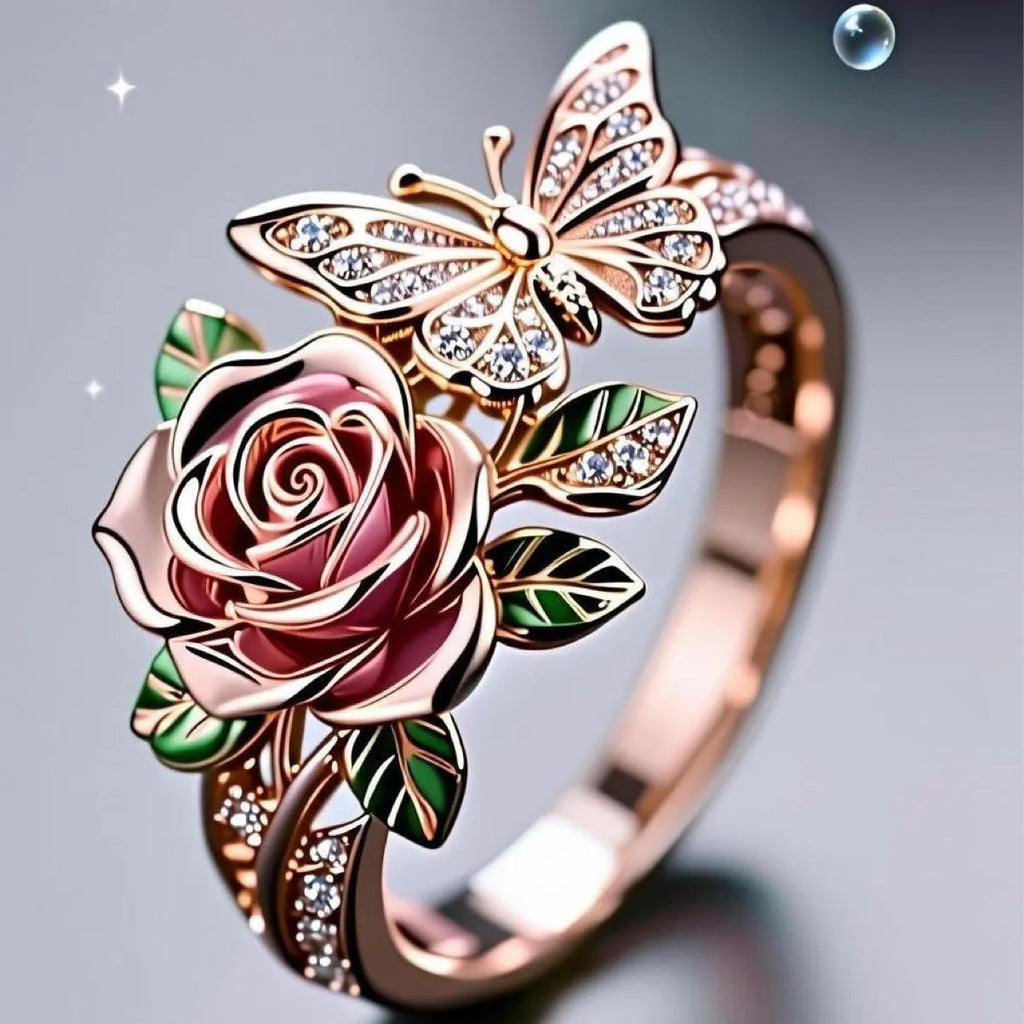 Close-up of an adjustable alloy ring with a colourful oil-drip finish, showing detailed butterfly and floral modelling.