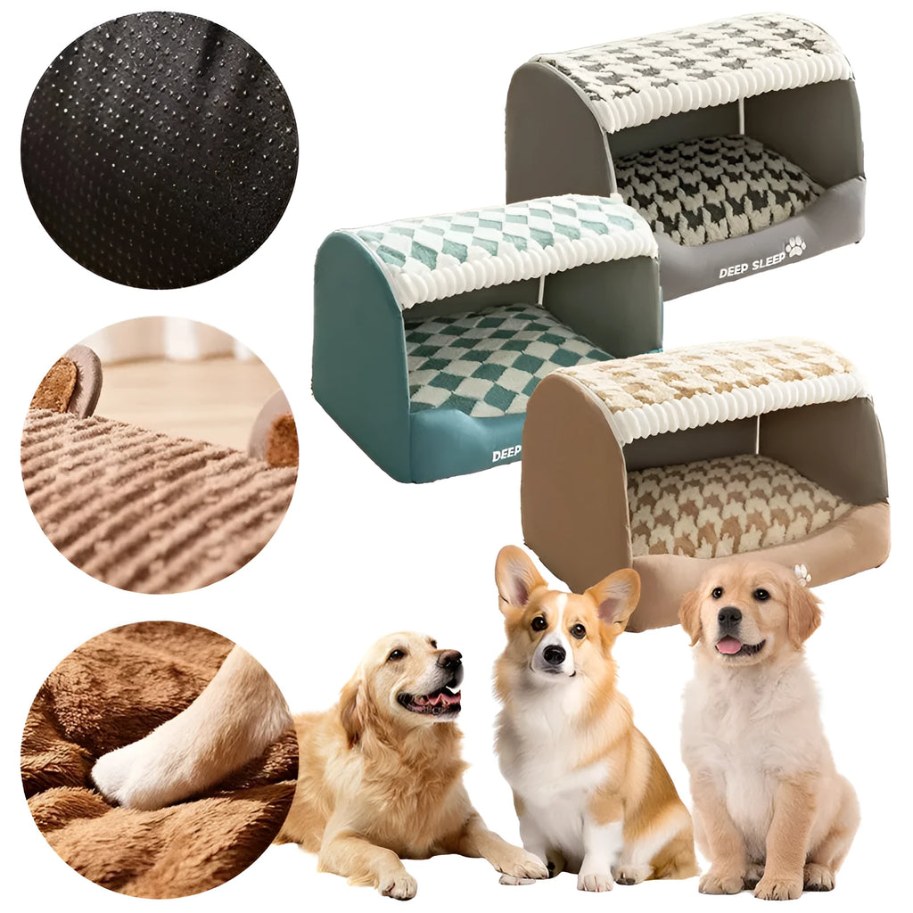 Enclosed dog bed with curved bear design and removable cover in multiple colour options