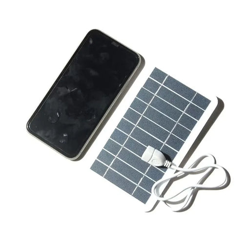 2W 5V solar panel charger with USB port and 50cm cable on white background