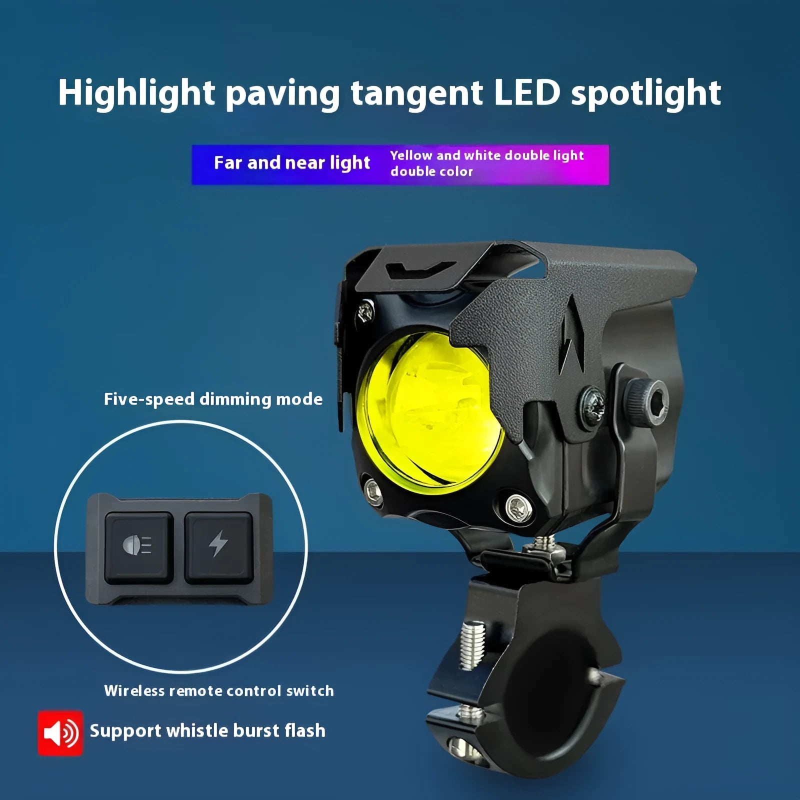 Motorcycle LED spotlight pair with wiring and mounting brackets for vehicle modification
