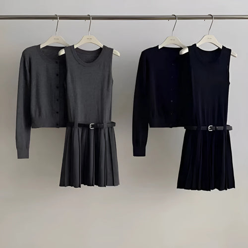 Grey knitted women's two-piece set with vest skirt, long-sleeved cardigan and pleated detail