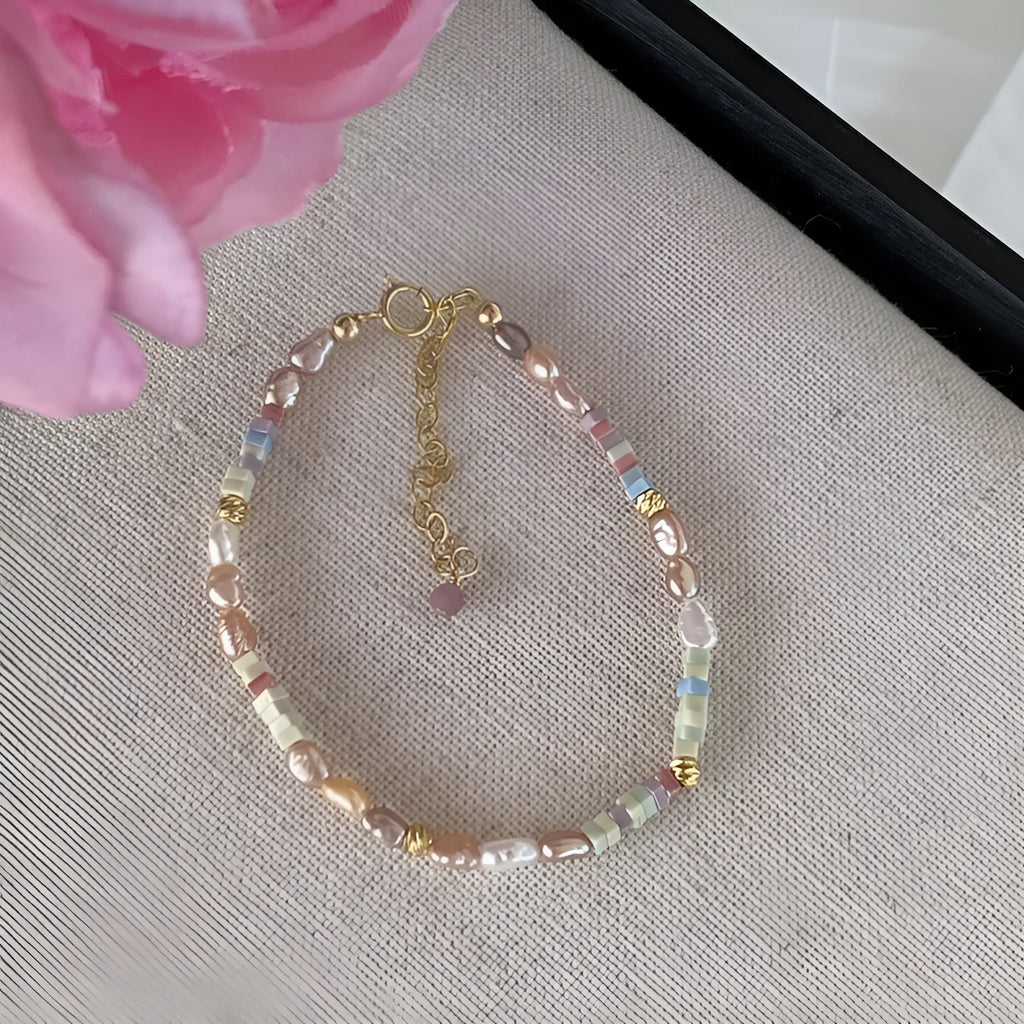 Purple natural pearl bracelet and necklace set with 14K gilded irregular U-shaped beads