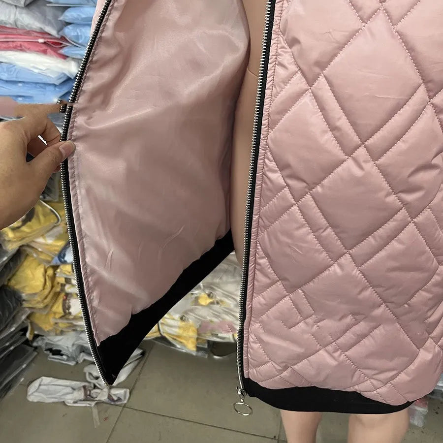 Women's casual hooded coat in black and pink, showing regular long sleeves and size range.