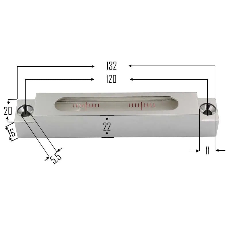 Metal and glass mini strip level showing precision vial on a 132mm long ruler.