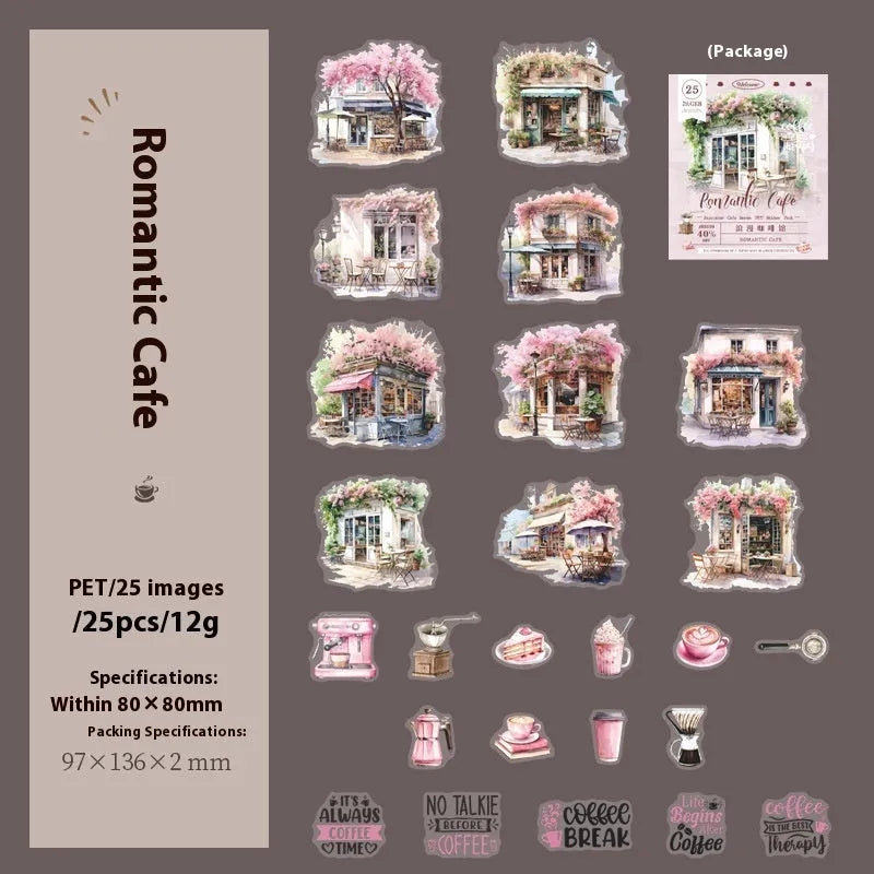 Encounter Cafe Series hand account sticker package with retro style, six colour themes, 25 or 75 stickers for scrapbooking