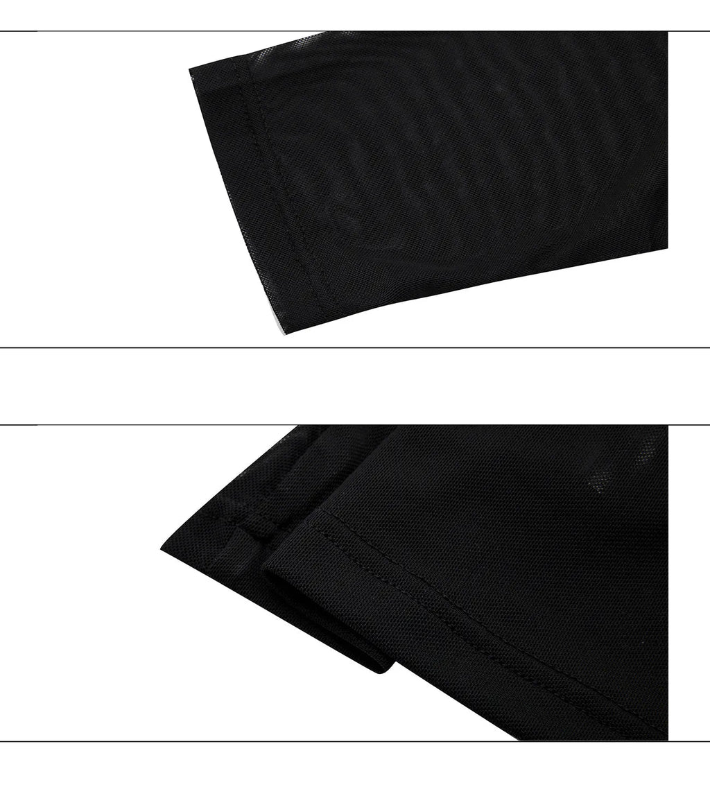 Black slim long sleeve mesh bottoming shirt on a hanger showing its fit and fabric texture.