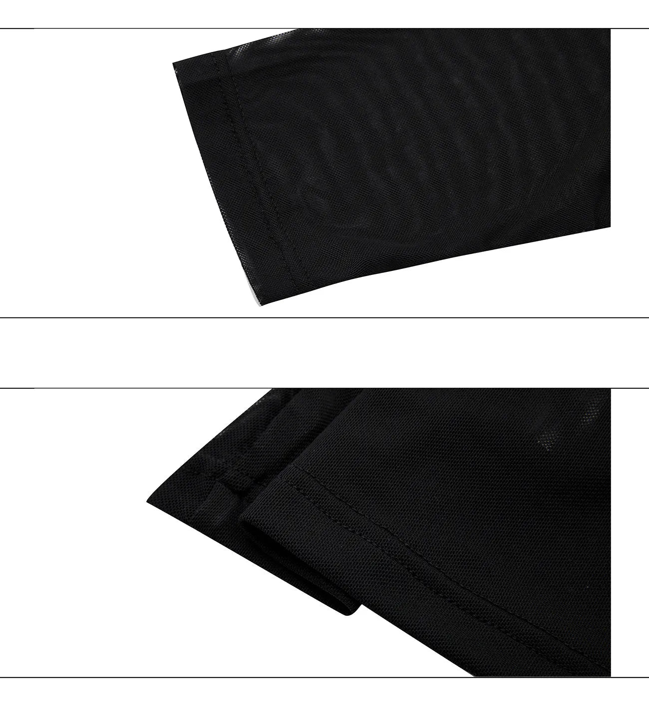 Black slim long sleeve mesh bottoming shirt on a hanger showing its fit and fabric texture.
