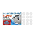 Pack of 12 white dishwasher cleaning tablets on a blue background