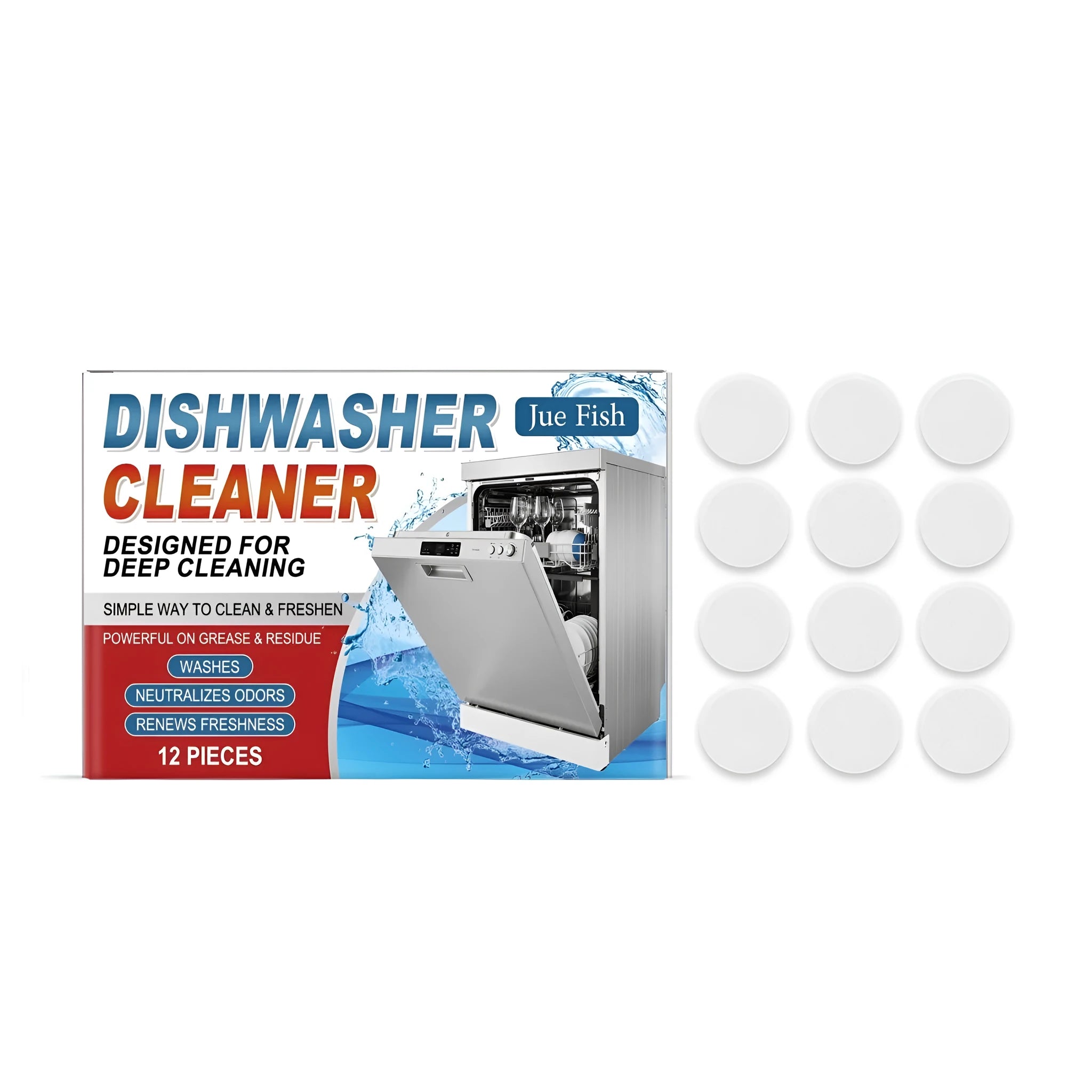 Pack of 12 white dishwasher cleaning tablets on a blue background