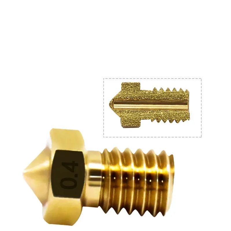 E3D brass 3D printer nozzle with M6 thread showing outlet aperture options