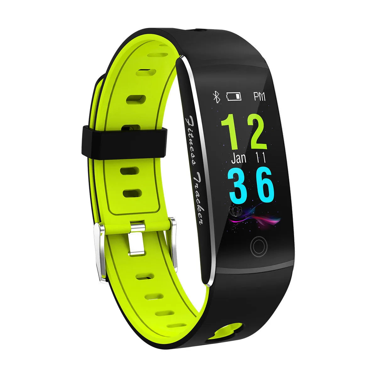F10T smart bracelet with colour touchscreen on a silicone wrist strap, shown in black, green, orange, and red colour options.