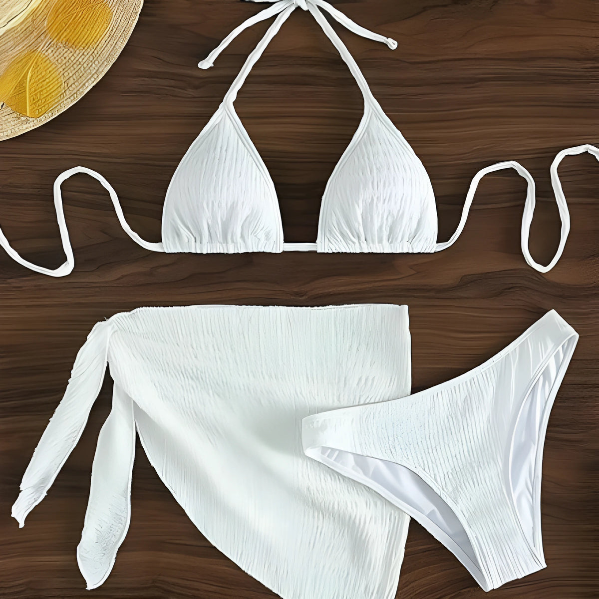 White women's lace-up split bikini swimsuit three-piece set made from Spandex in sizes S to XL