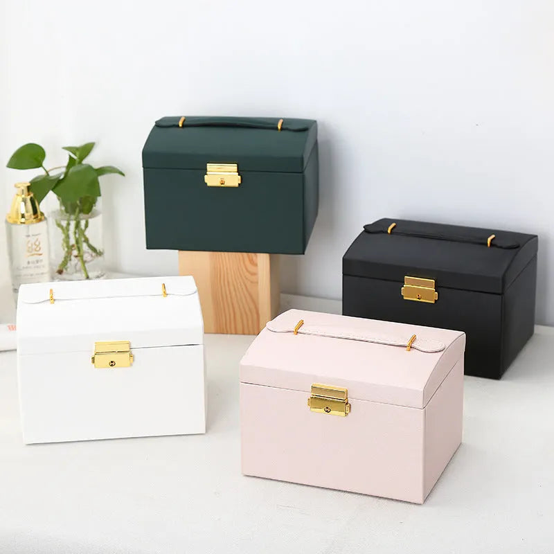 Travel jewellery box 18x14x13cm in white pink green black with density plate leather flannel and UV process