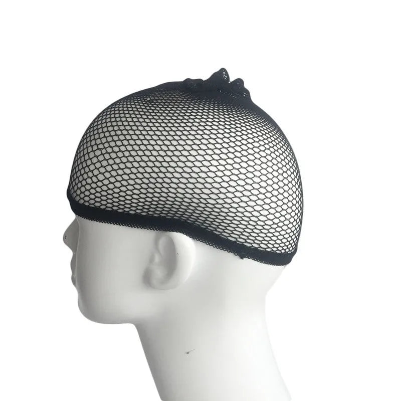 Black elastic wig hair net laid flat showing fine mesh and stitched elastic edge for wig application