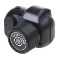 Black retro mini video camera with built-in screen showing 1080p HD recording