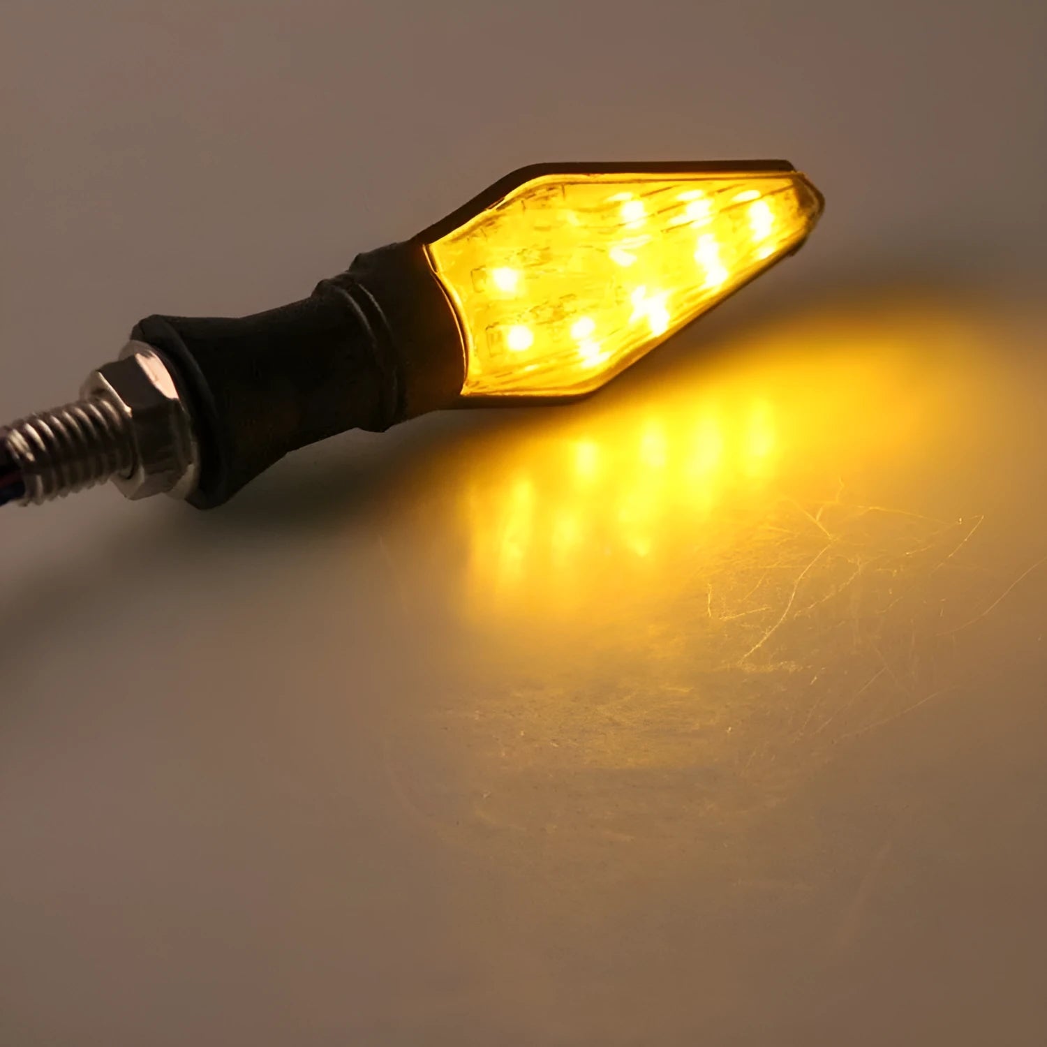 Motorcycle LED turn signal lights with double-sided luminous design in yellow and blue options