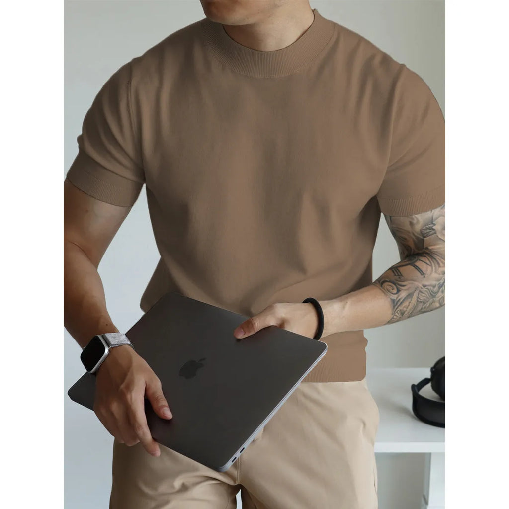 Men's slim-fit solid colour T-shirt on a hanger, shown in a wine red colour.