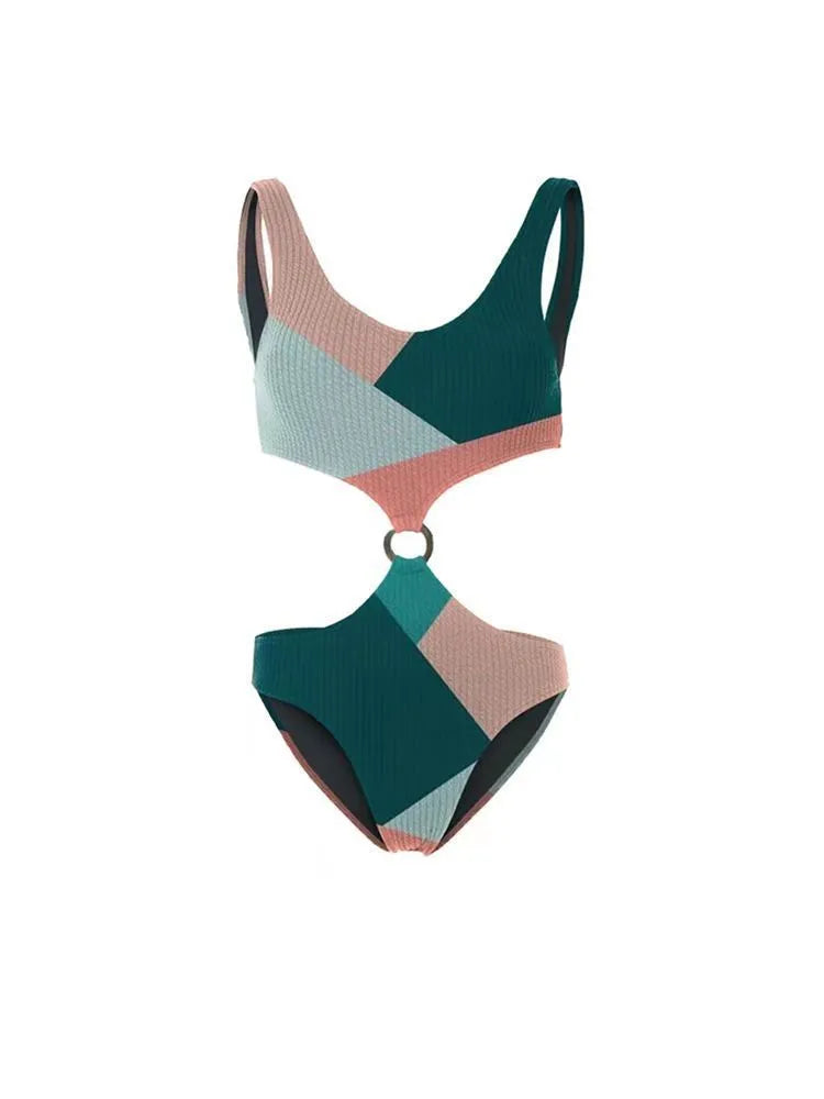 Women's colour-contrast two-piece bikini swimsuit with a matching mesh gauze skirt.