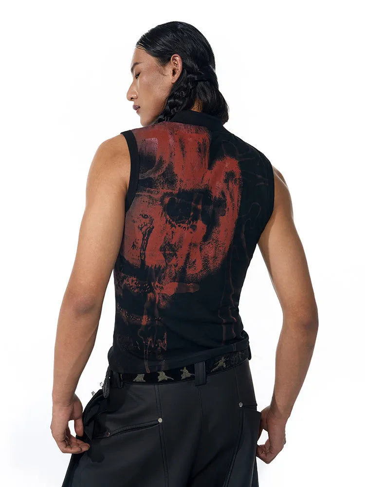 Black half turtleneck sleeveless T-shirt with white character pattern print, slim fit