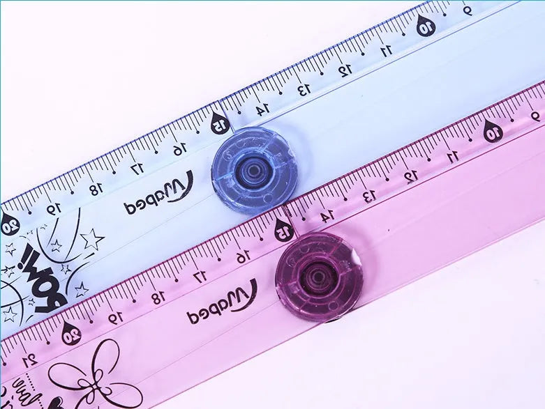 30cm widened rotary folding ruler in blue and pink resin on white background