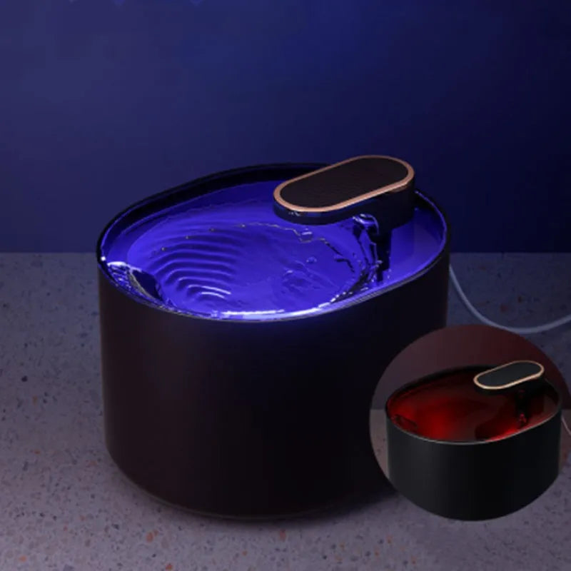 Automatic pet water fountain with USB cable, showing detachable bowl, pump, and filter in Berlin Blue colour.
