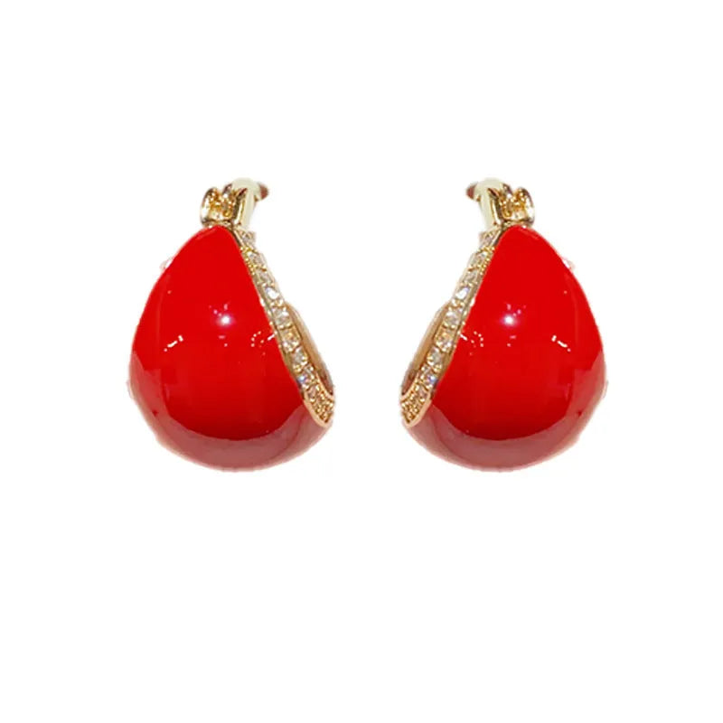 Pair of retro copper earrings with micro-inlaid drip oil design and thick real gold plating in geometric shape