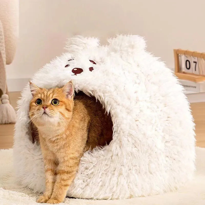 Semi-enclosed plush cat tent kennel with removable cushion in animal design