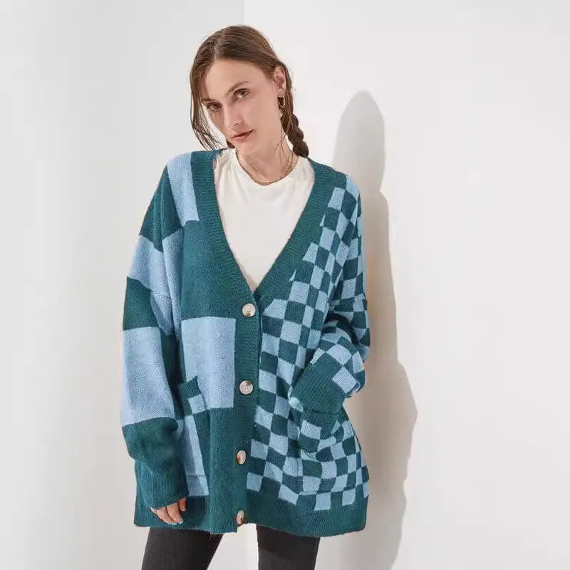 Gray printed checks cardigan with loose slim fit and regular sleeves on hanger