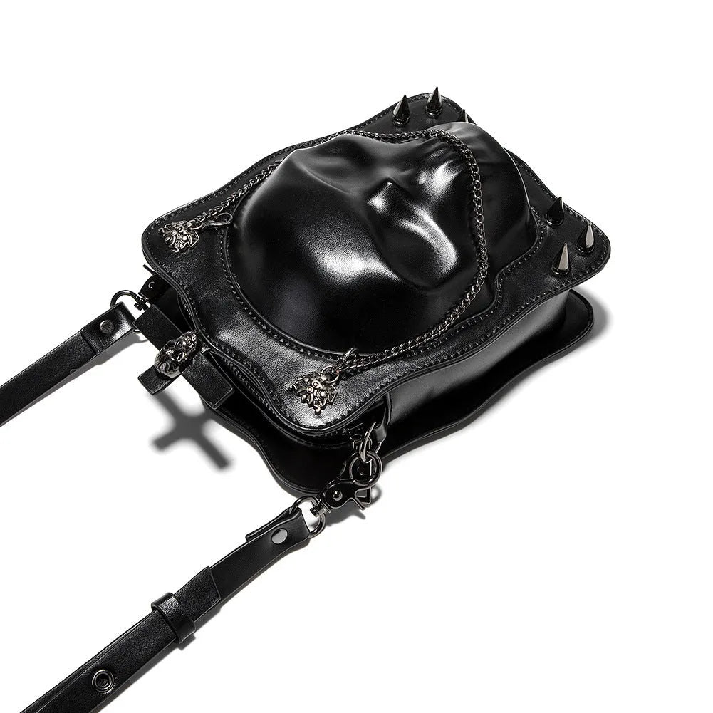 Black mini Halloween skull shoulder bag with zip closure, chain detail and phone pocket