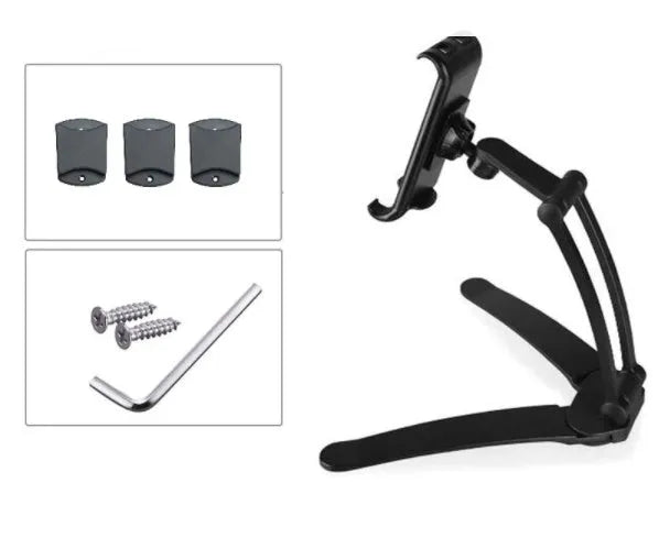 Silver aluminium desktop tablet stand holding a tablet, showing 360-degree rotation and dual adjustable clip design.