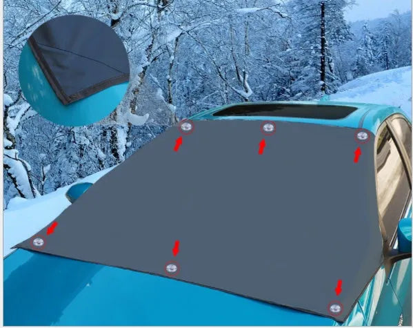Magnetic car windshield cover with 6 magnets, black and silver, 210x125cm on a car windshield for snow protection