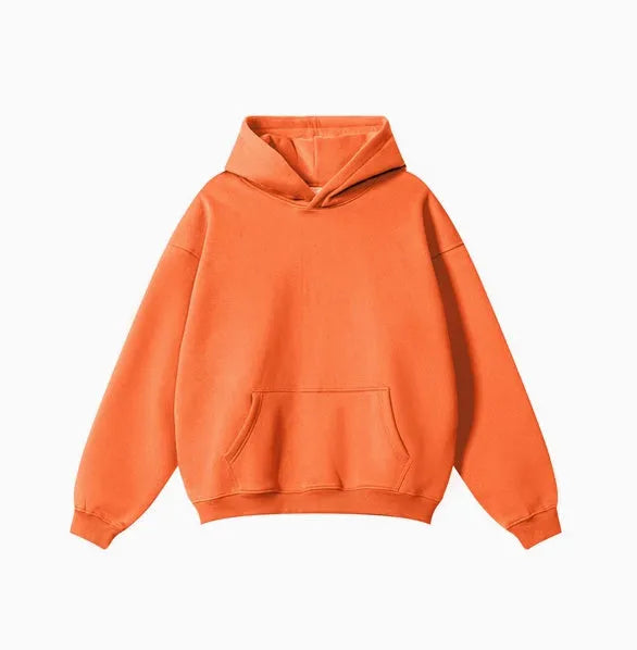 Men's loose-fit cotton terry hooded sweater in a solid colour, shown with drop-shoulder sleeves.