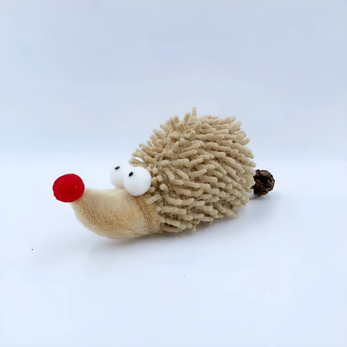 Khaki plush cartoon hedgehog cat toy made from chenille and stretch cotton with catnip and worm achene