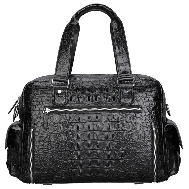 Genuine crocodile leather men's travel handbag, 44x28x18cm, black or brown, with cowhide lining and shoulder straps