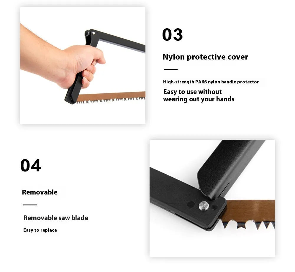 Black foldable outdoor survival saw with aluminium and nylon frame, showing folded design.