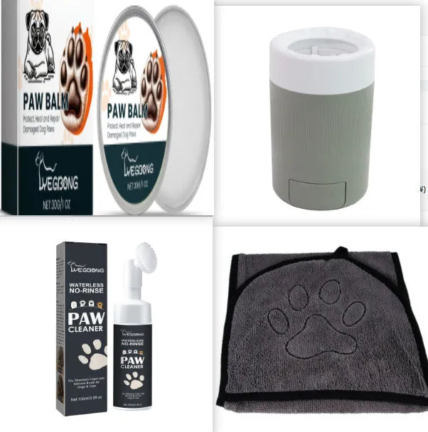 Dog paw balm set with shea butter and coconut oil, includes foot washing cup and towel
