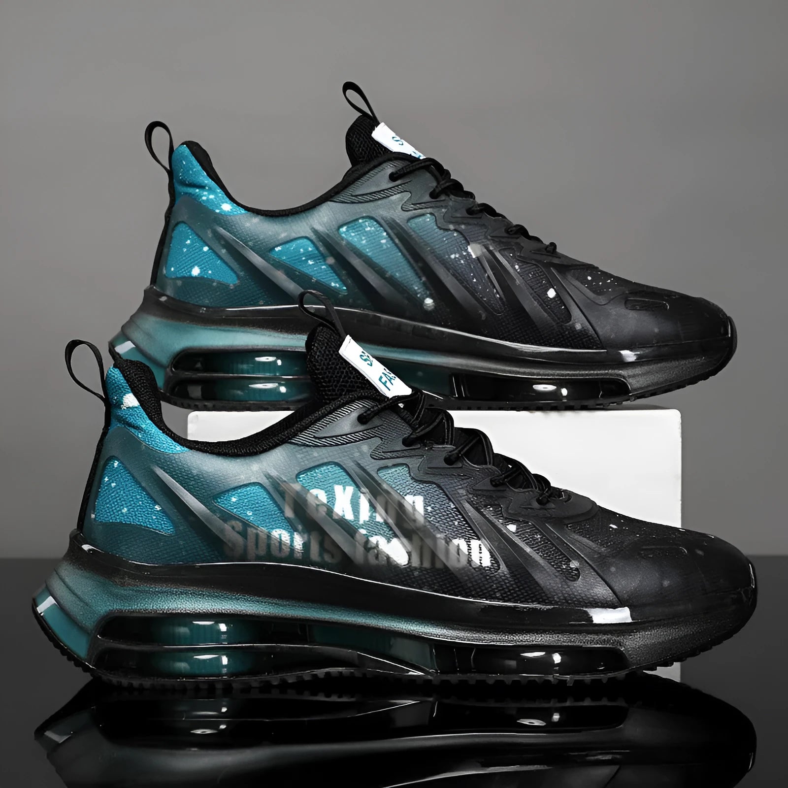 Men's black and green chunky sole platform trainers with mesh upper and lace-up design on a white background.