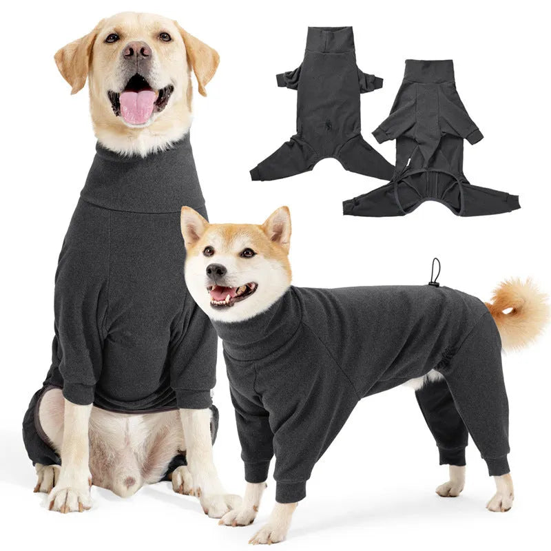 Four-leg polar fleece dog coat with high collar in dark grey or wine red colour options