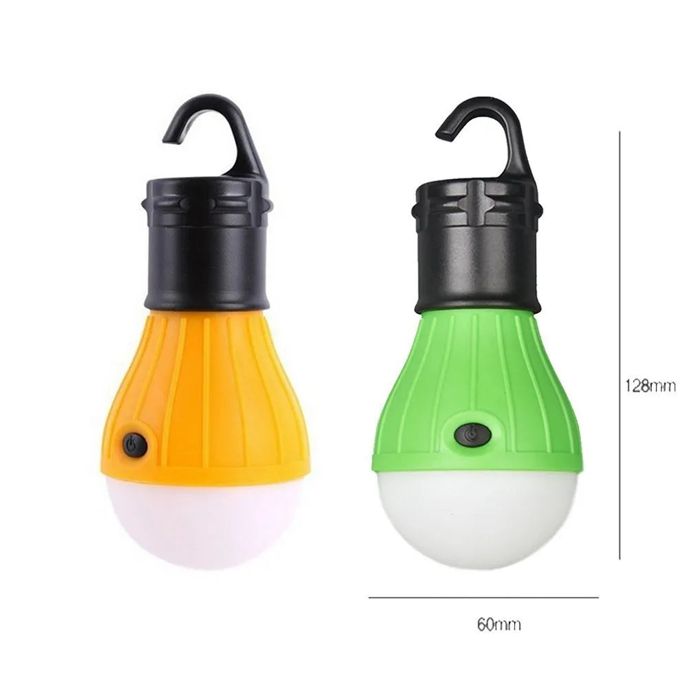 Blue portable camping light with hanging hook, showing three LED bulbs and compact size.