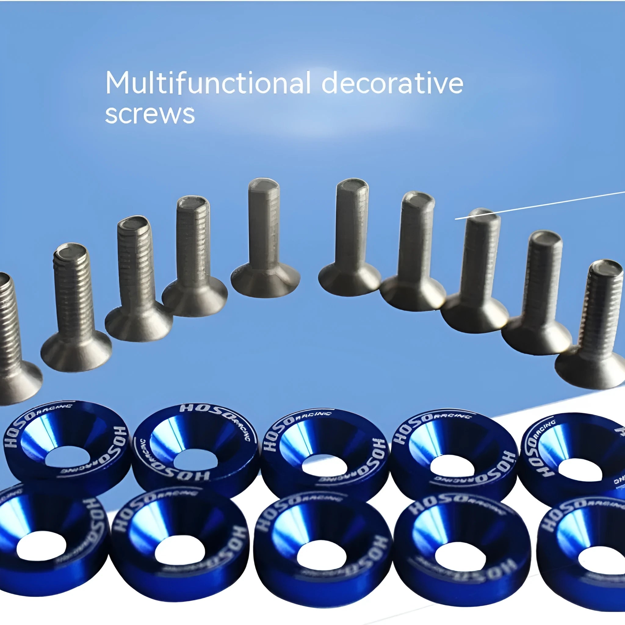 Car modification gasket screw and washer kit in eight colour options including black, red, blue, and gold yellow