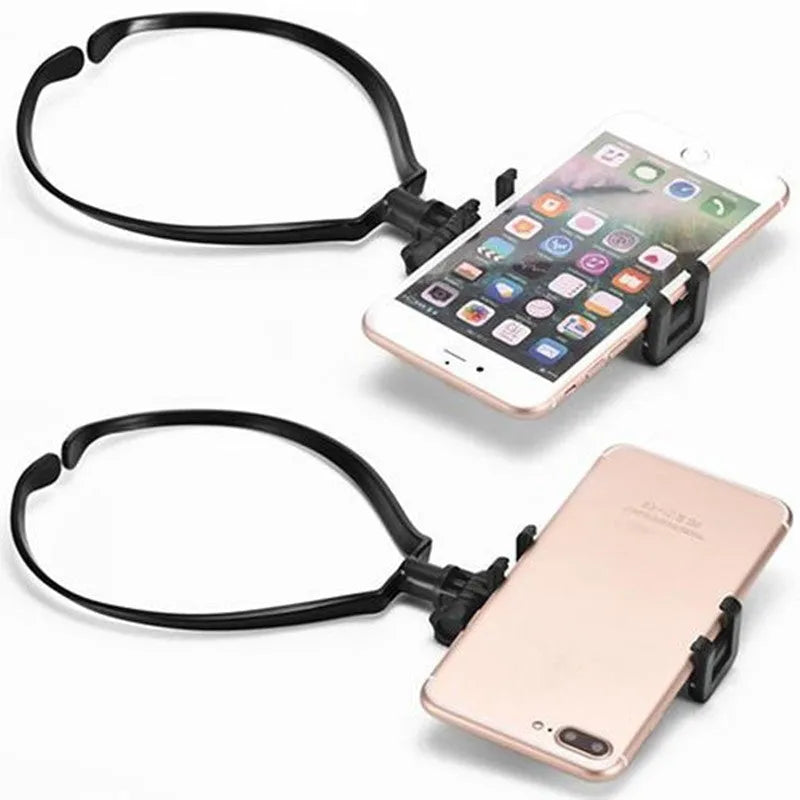 Black ABS plastic neck phone holder with adjustable mounting ring worn on a person.