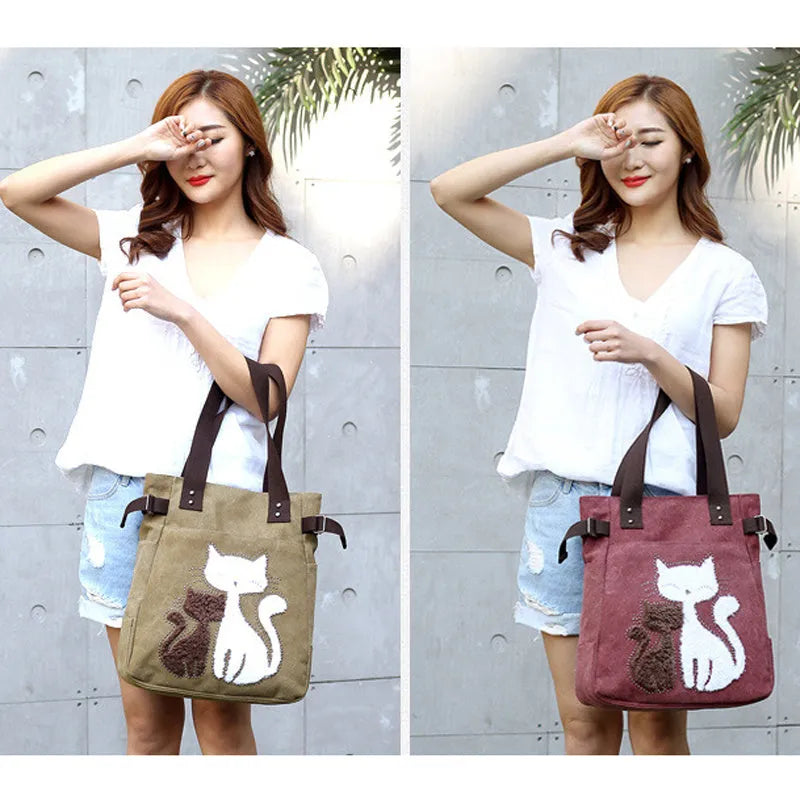 KVKY women canvas bag with plush cat applique in beige, showing shoulder strap and front pocket