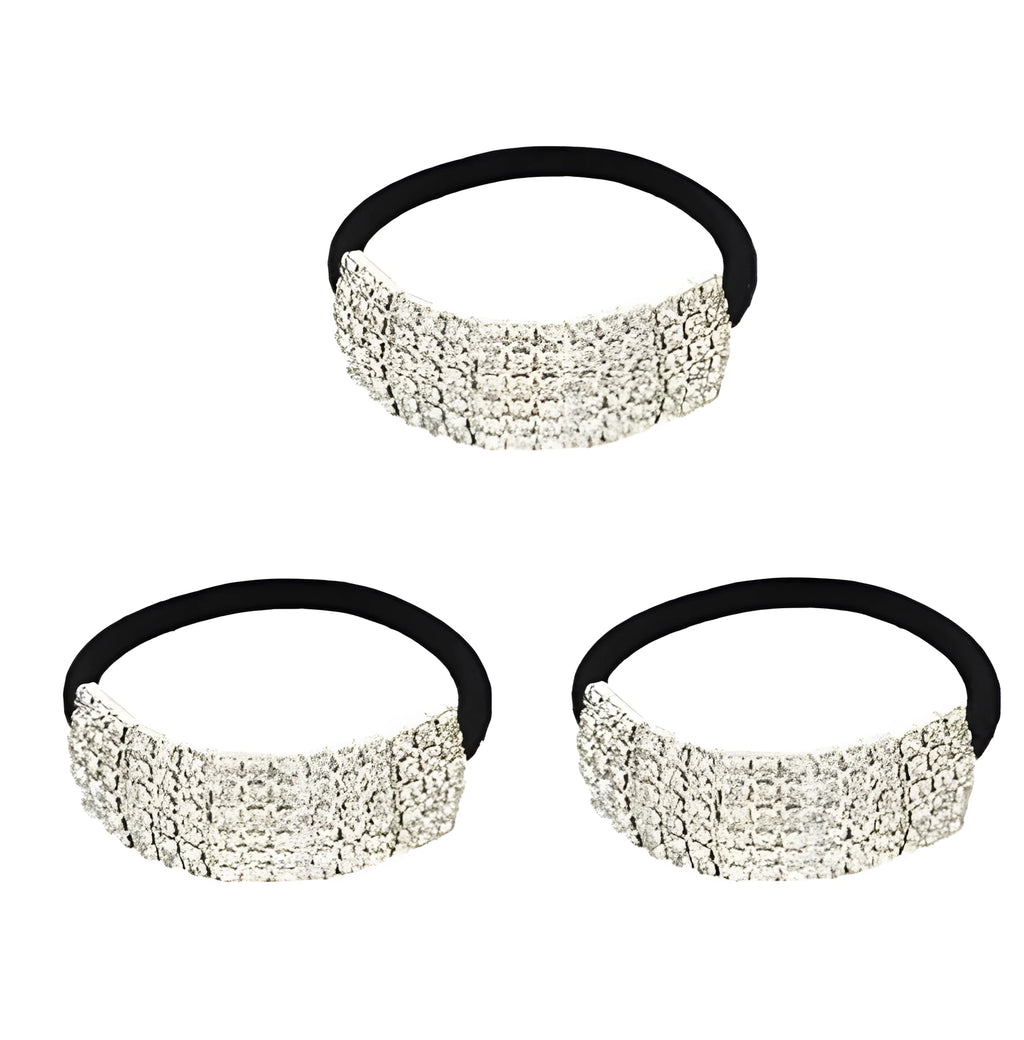 Set of three silver rhinestone hair rings with white crystal detail for women, Fashion OL style