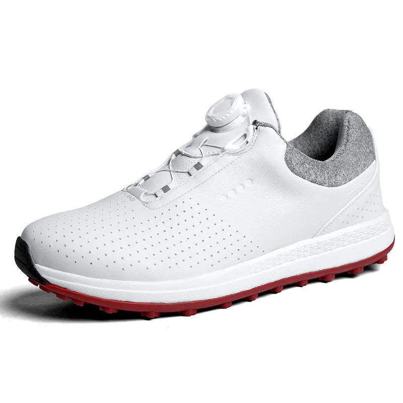Men's white and black casual golf shoes with breathable design and broken nail non-slip sole pattern