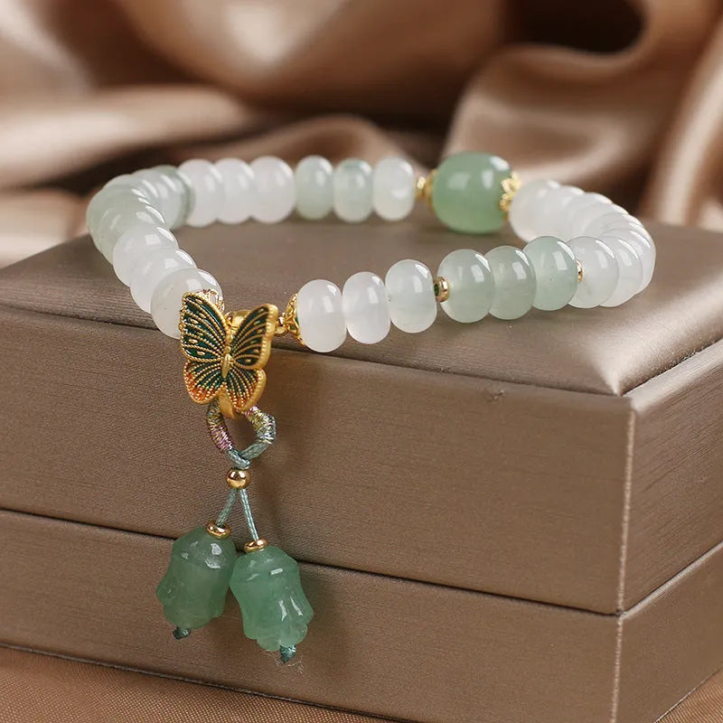 Green abacus beads jade bracelet with retro butterfly tassel and pearl rhinestone decoration